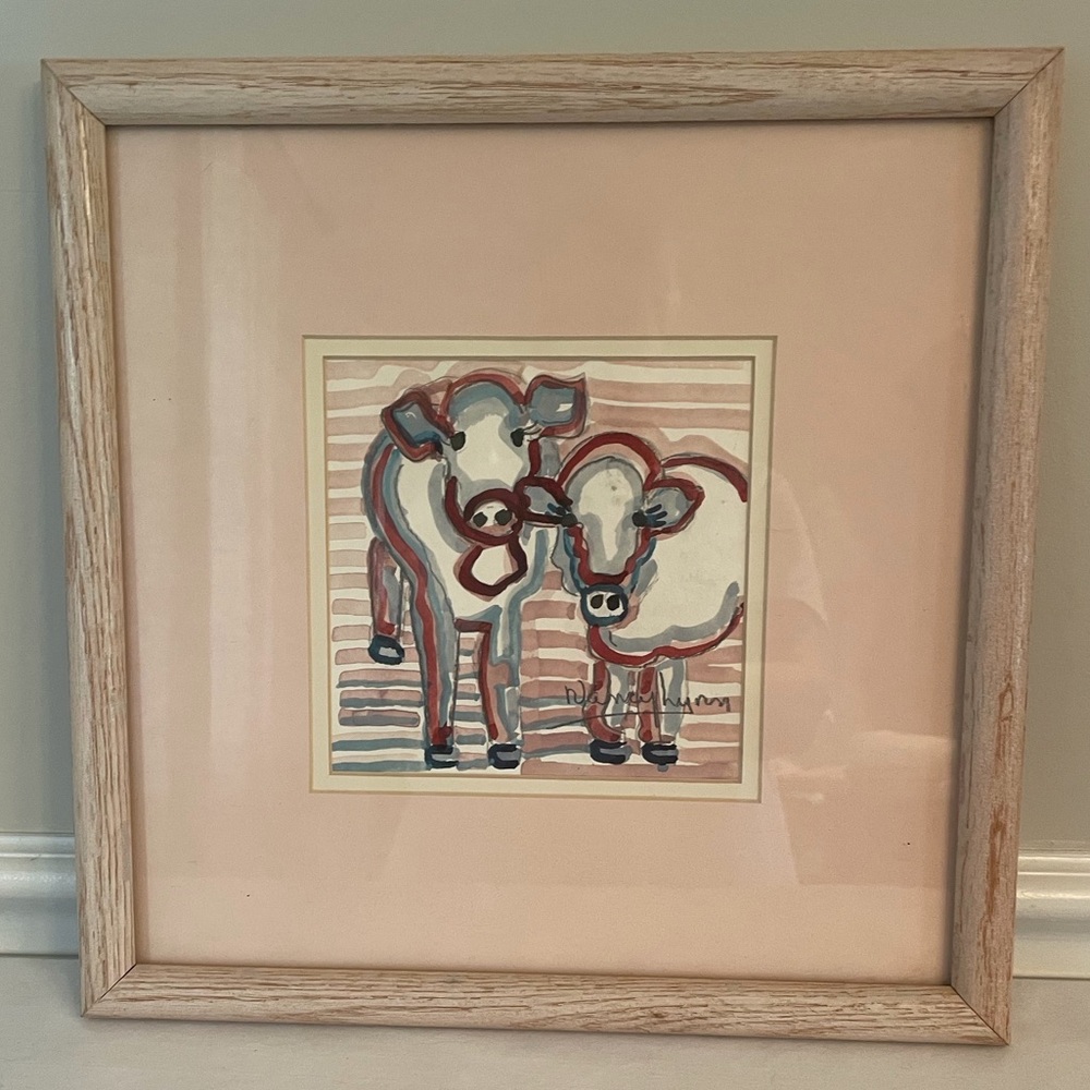 Vintage 80s cows watercolor original artwork framed